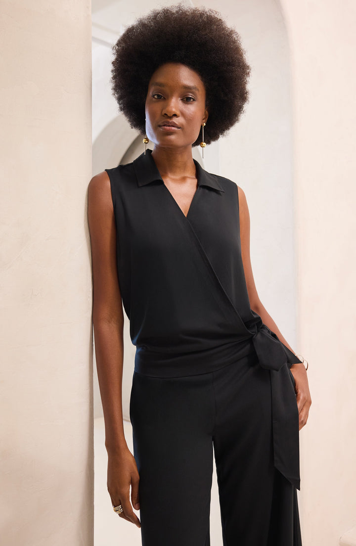 Surplice Top With Self Tie in Black