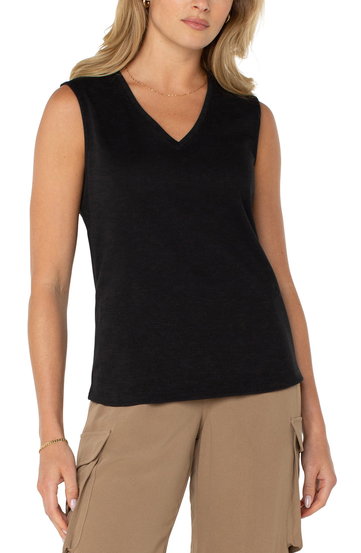 Sleeveless V Neck Knit Top in Black