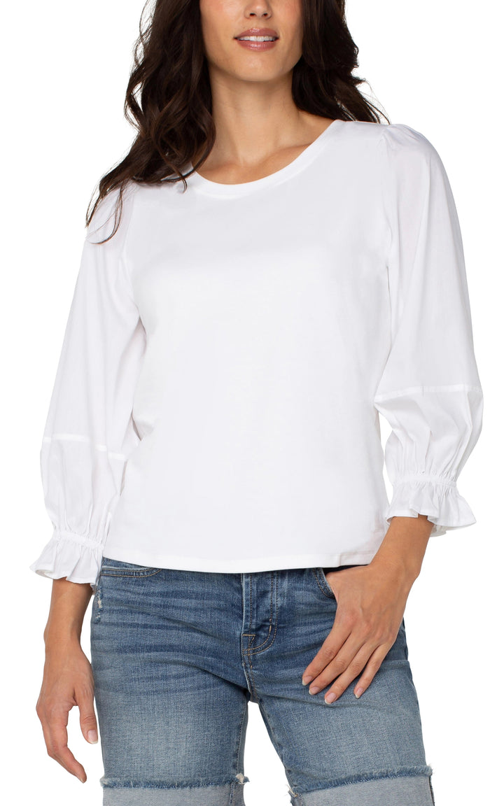 3/4 Blouson Sleeve Knit To Woven Top