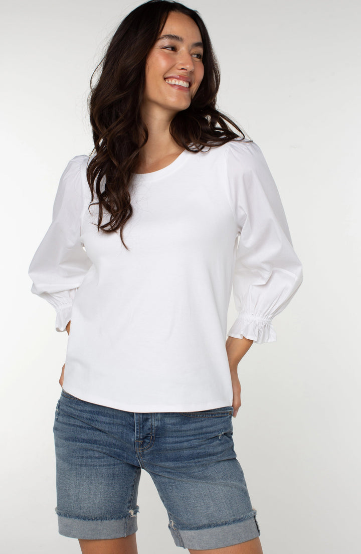 3/4 Blouson Sleeve Knit To Woven Top