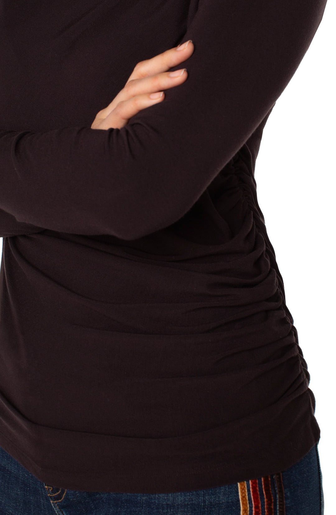 Long Sleeve Mock Neck Knit Top W/ Shirring