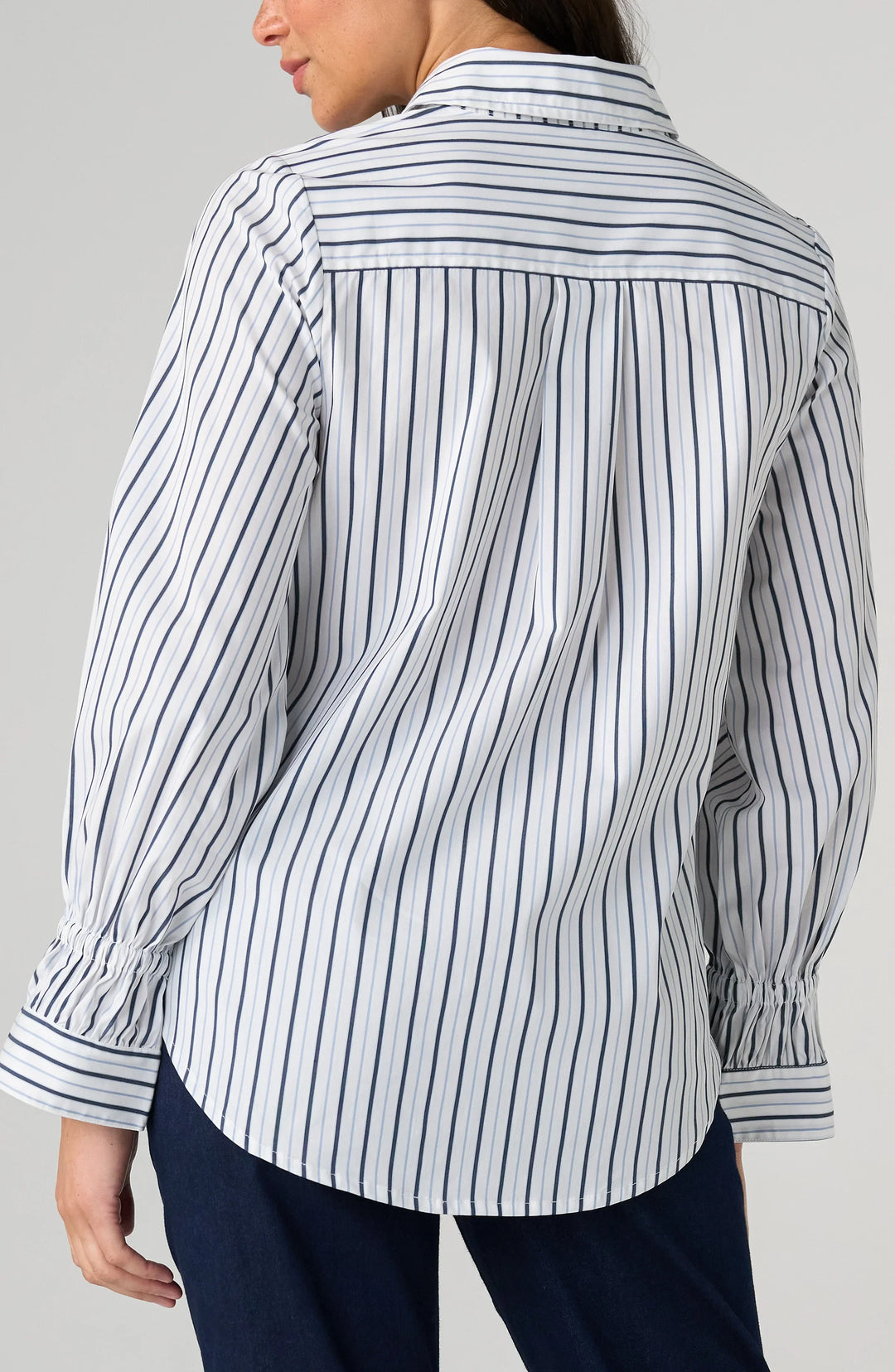 Adjustable Sleeve Button Front Woven Top in White Navy Club