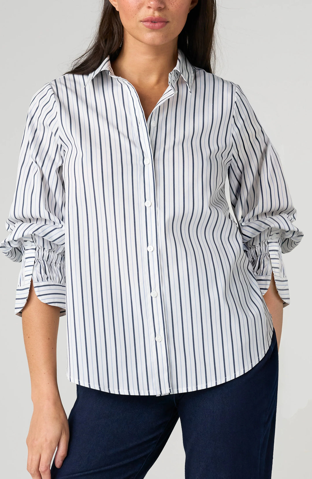 Adjustable Sleeve Button Front Woven Top in White Navy Club