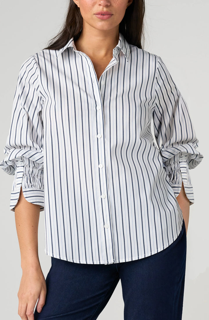 Adjustable Sleeve Button Front Woven Top in White Navy Club