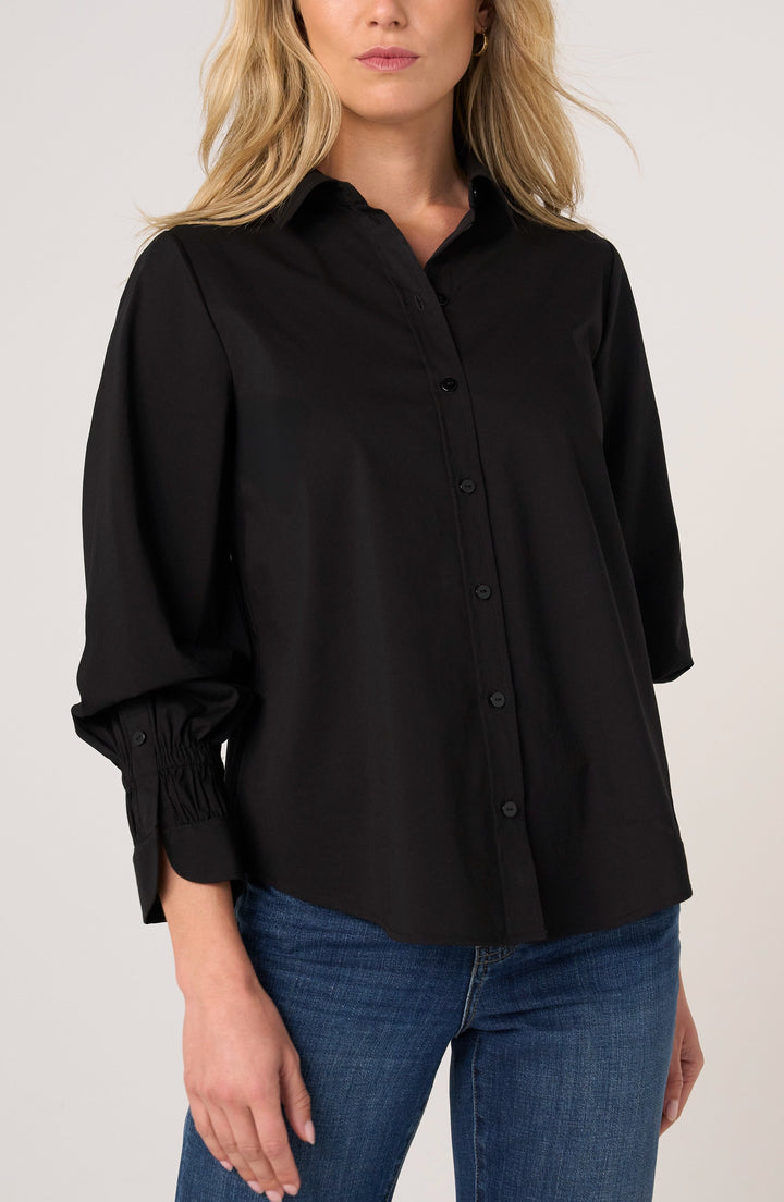 Adjustable Sleeve Button Front Woven Top in Black