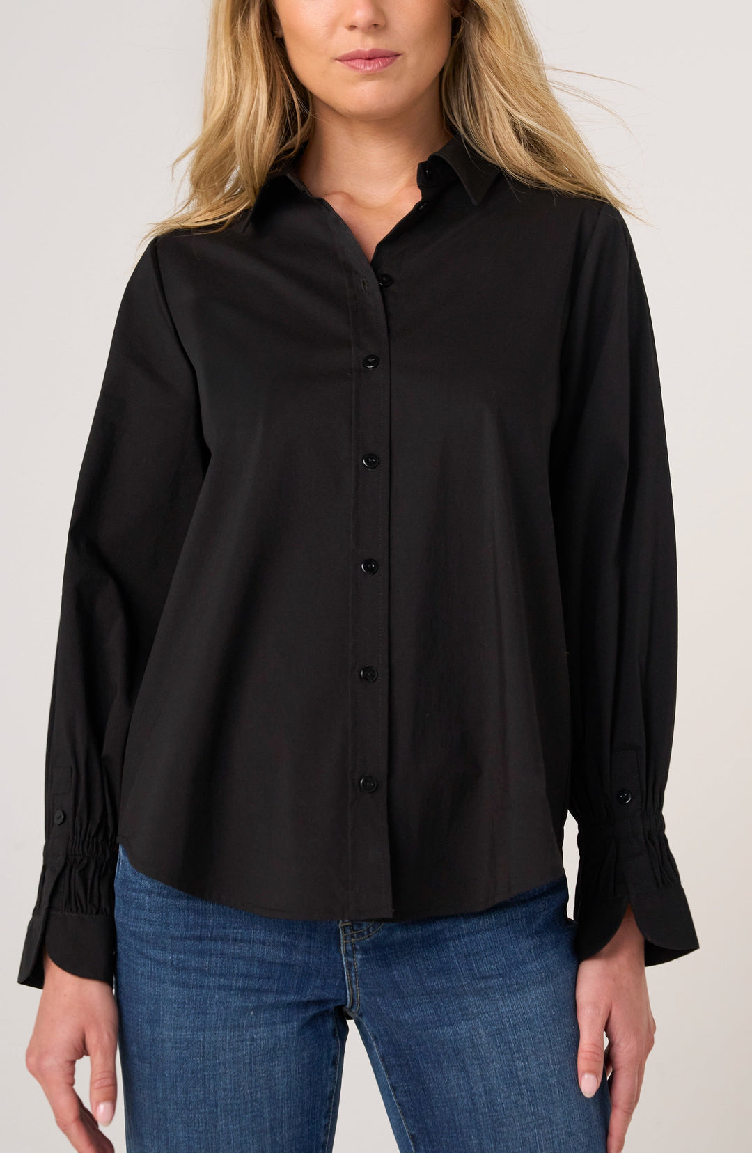 Adjustable Sleeve Button Front Woven Top in Black