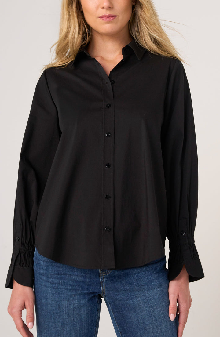 Adjustable Sleeve Button Front Woven Top in Black