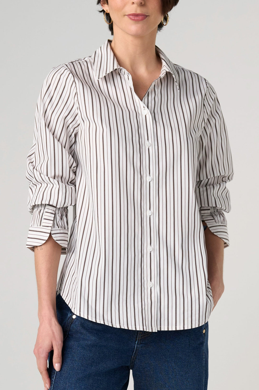 Adjustable Sleeve Button Front Woven Top in Cream and Espresso