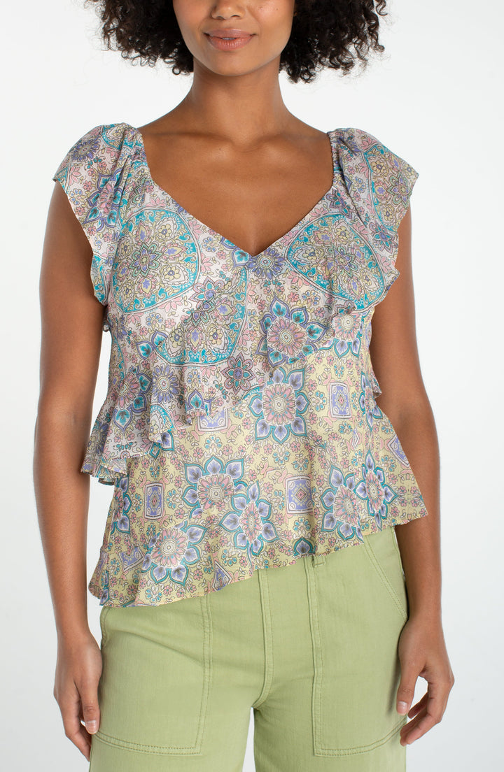 Flutter Sleeve Draped Blouse in Cream Citron Multi