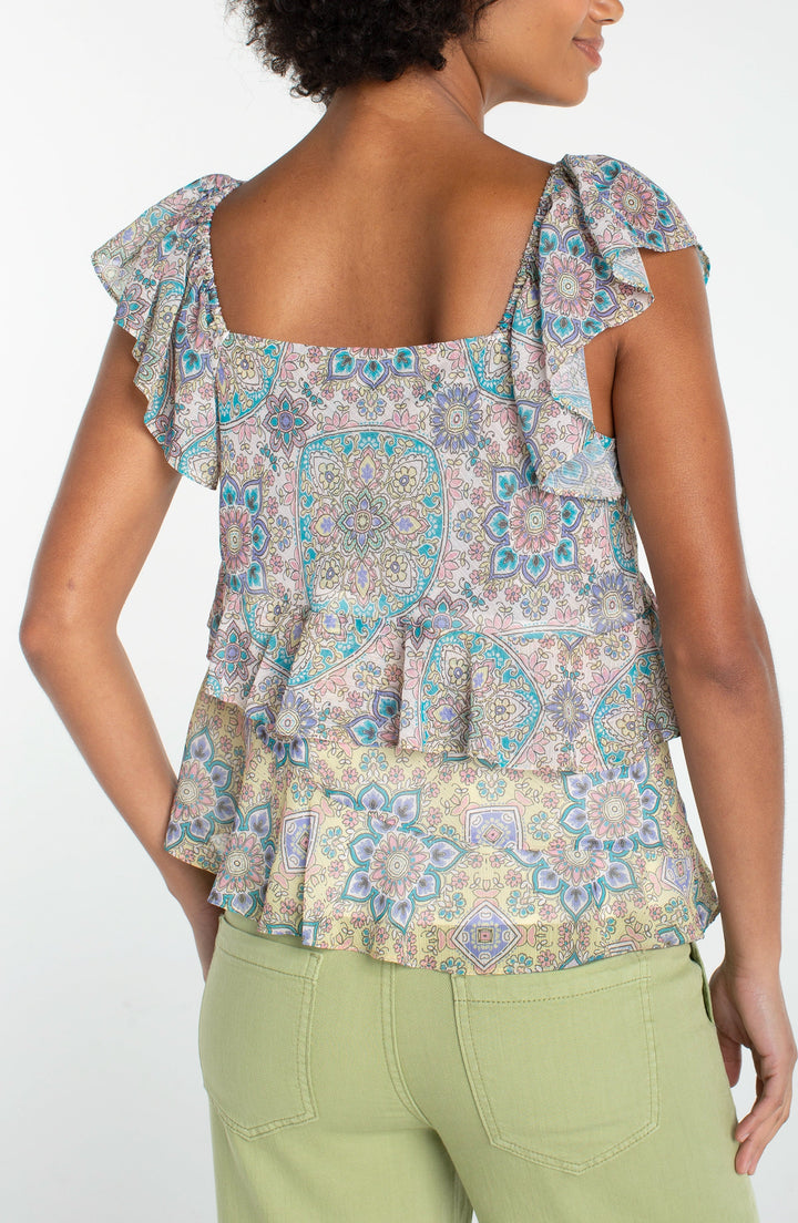 Flutter Sleeve Draped Blouse in Cream Citron Multi