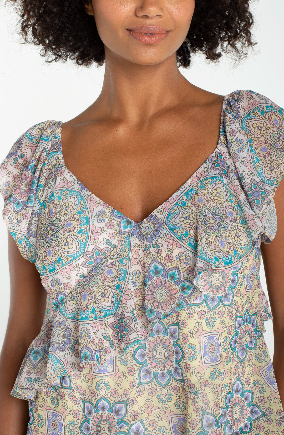 Flutter Sleeve Draped Blouse in Cream Citron Multi