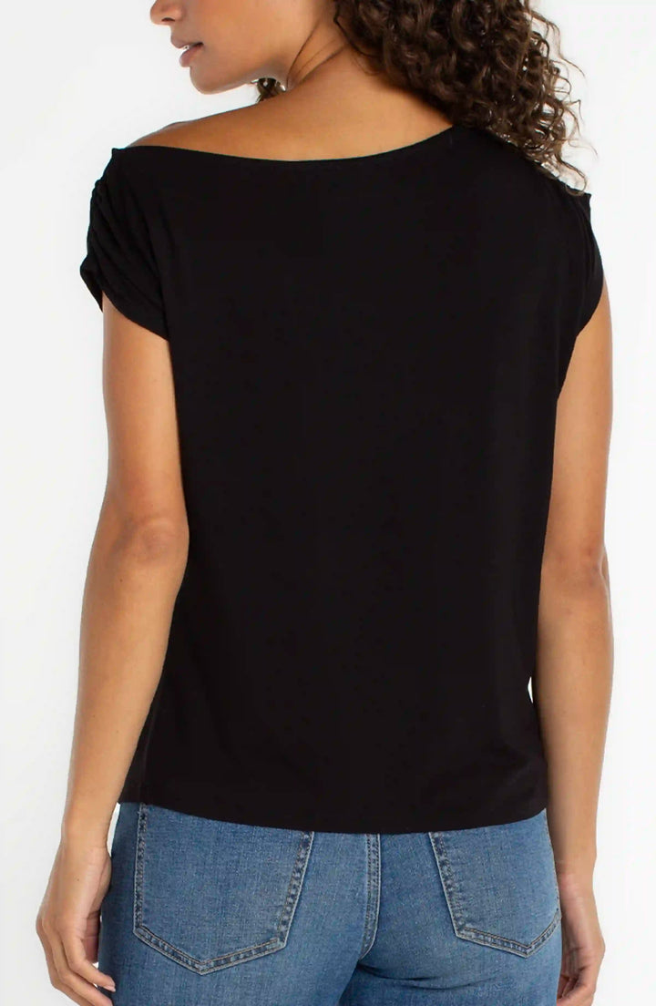 Short Sleeve Asym Off-shoulder Knit Top in Black