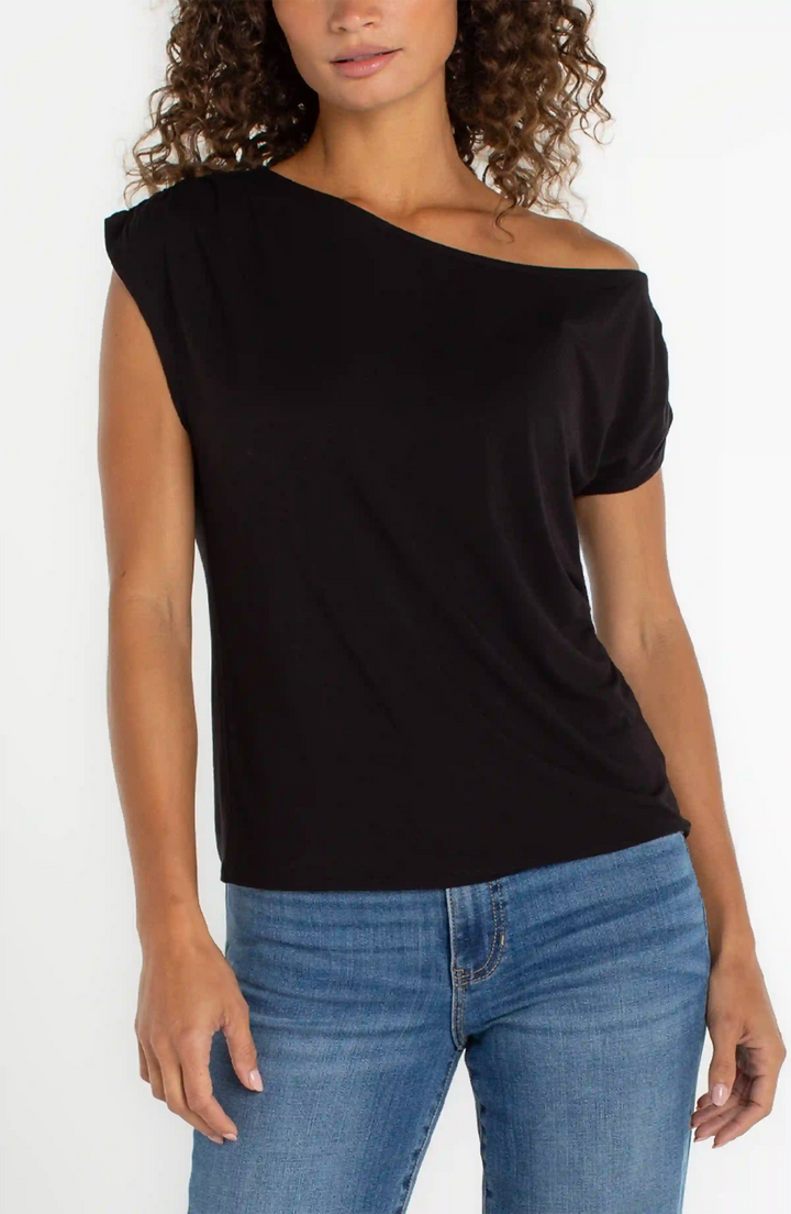 Short Sleeve Asym Off-shoulder Knit Top in Black