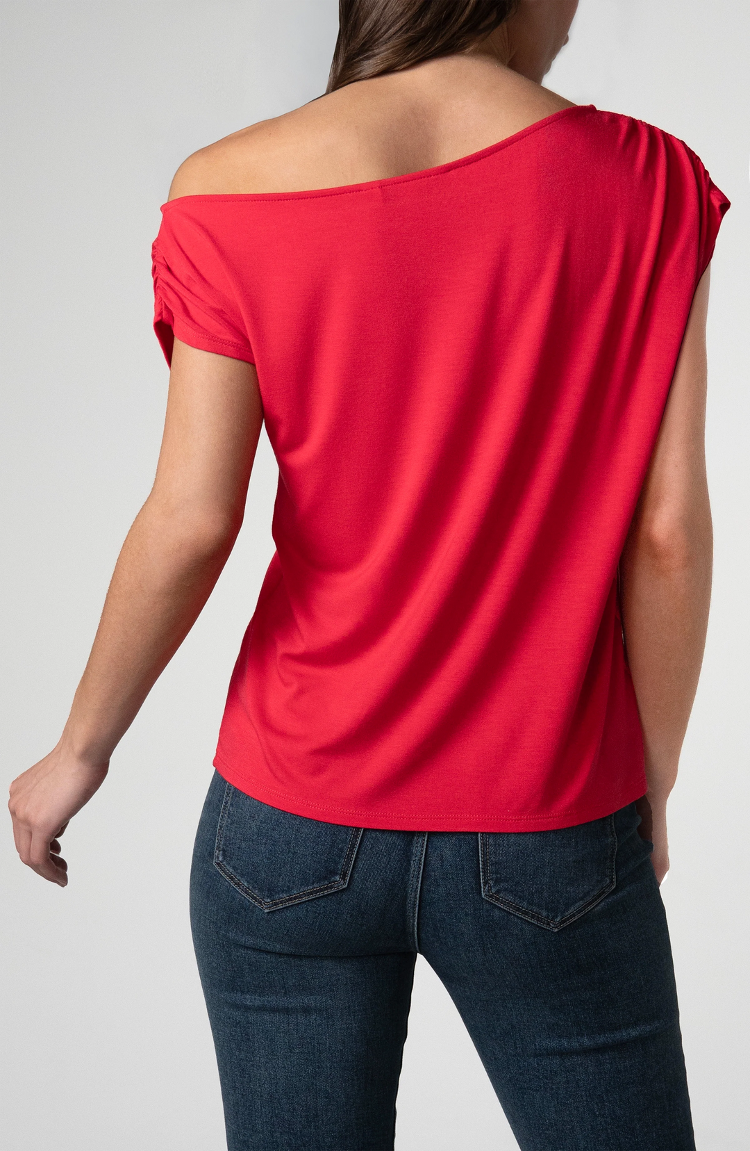Asymmetrical Off Shoulder Knit Top in Cherry Rose