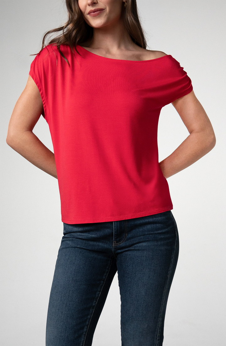 Asymmetrical Off Shoulder Knit Top in Cherry Rose