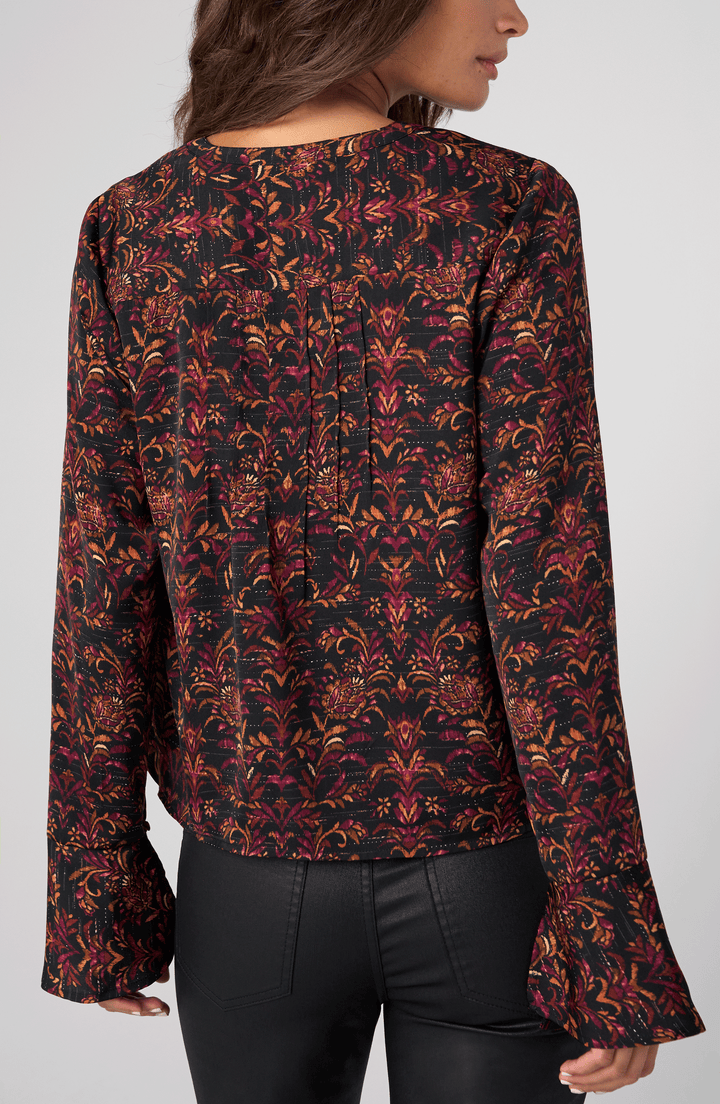 Long Sleeve Band Collar Woven Top W/ Pintuck in Black Burgundy Multi