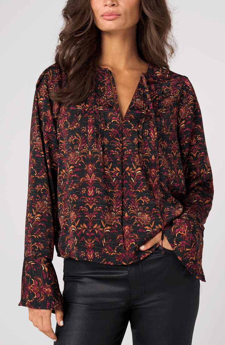 Long Sleeve Band Collar Woven Top W/ Pintuck in Black Burgundy Multi