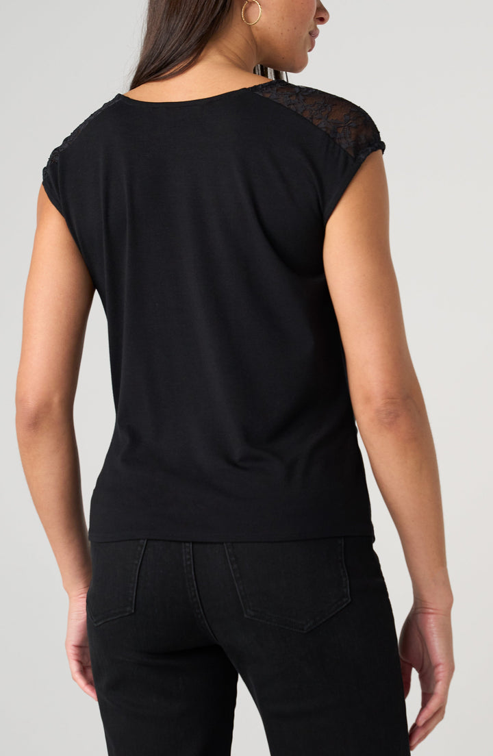 Draped Neck Sleeveless Knit Top W/ Lace in Black
