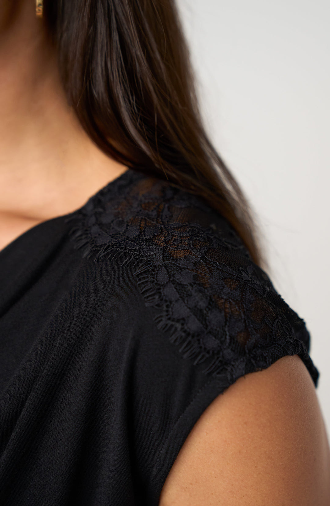 Draped Neck Sleeveless Knit Top W/ Lace in Black