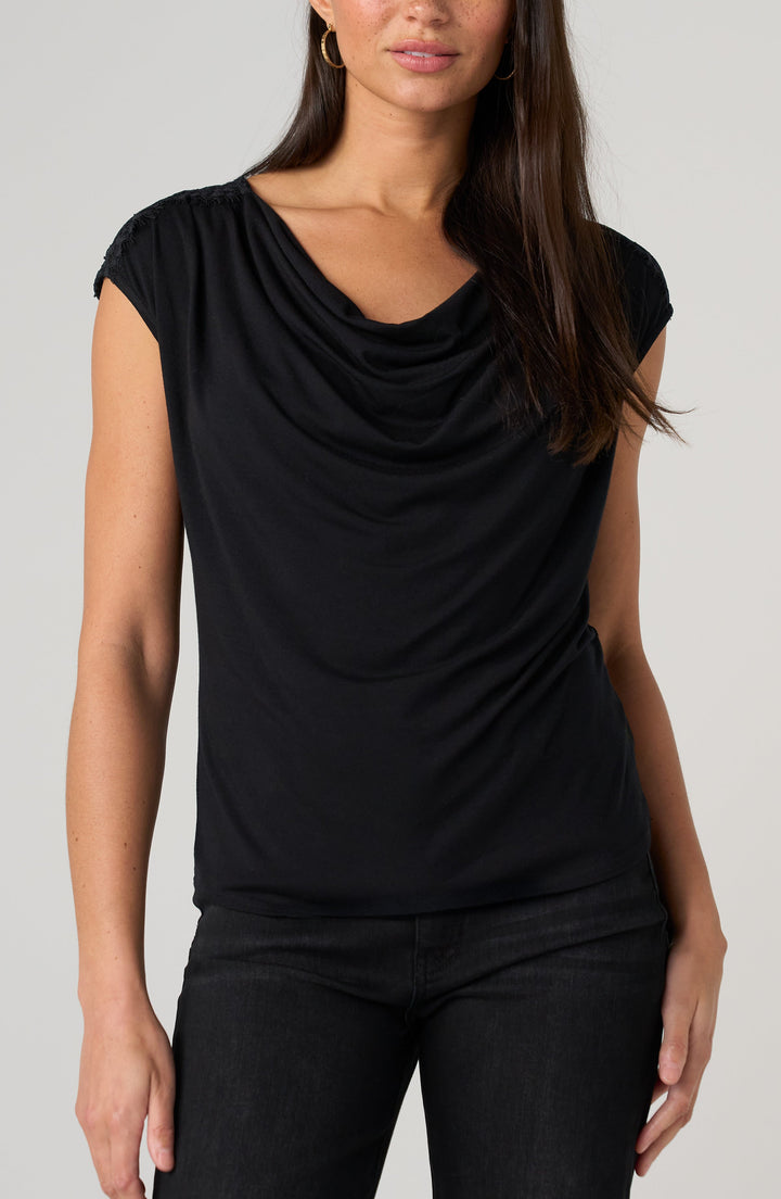Draped Neck Sleeveless Knit Top W/ Lace in Black
