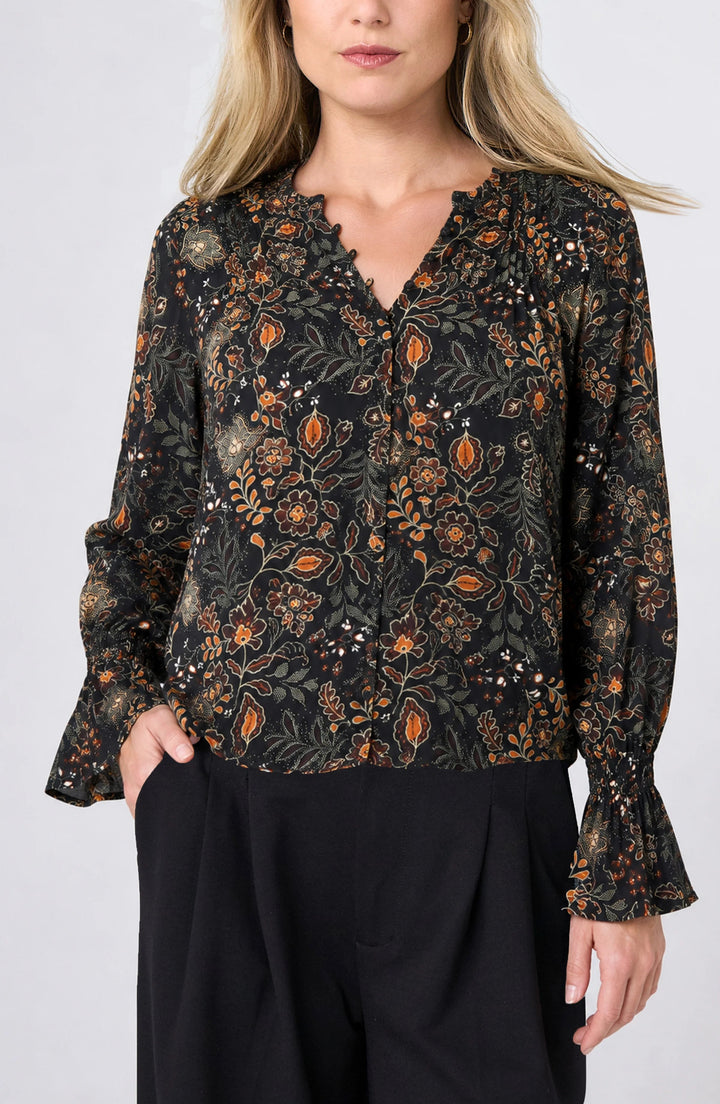 Long Sleeve Woven Blouse in Black Rust Multi