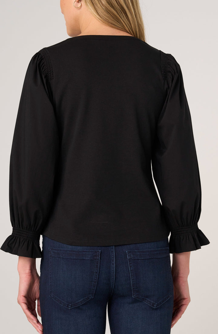 3/4 Sleeve Knit-To-Wove Top in Black