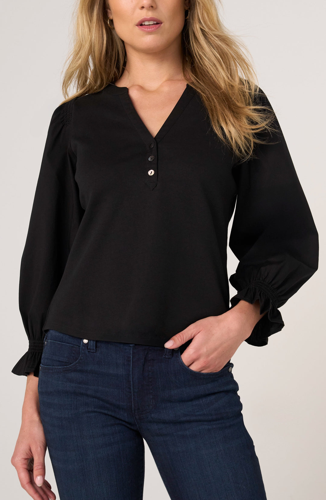 3/4 Sleeve Knit-To-Wove Top in Black