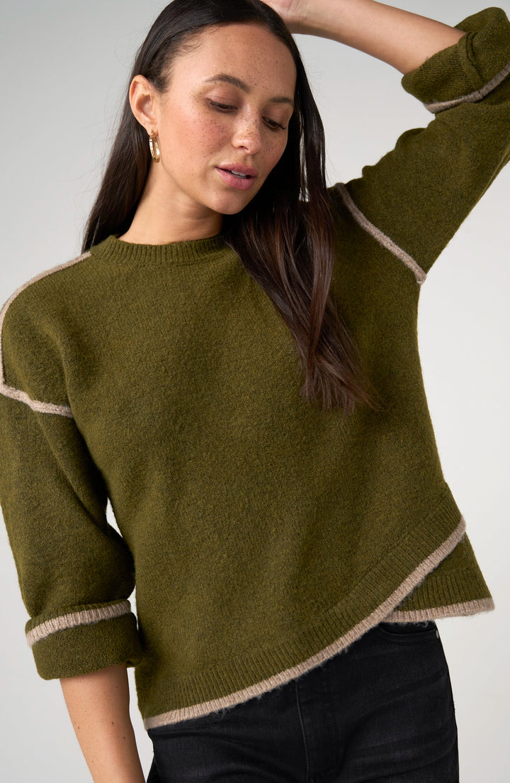 Long Sleeve Sweater W/ Tulip Hem in Olive Mushroom