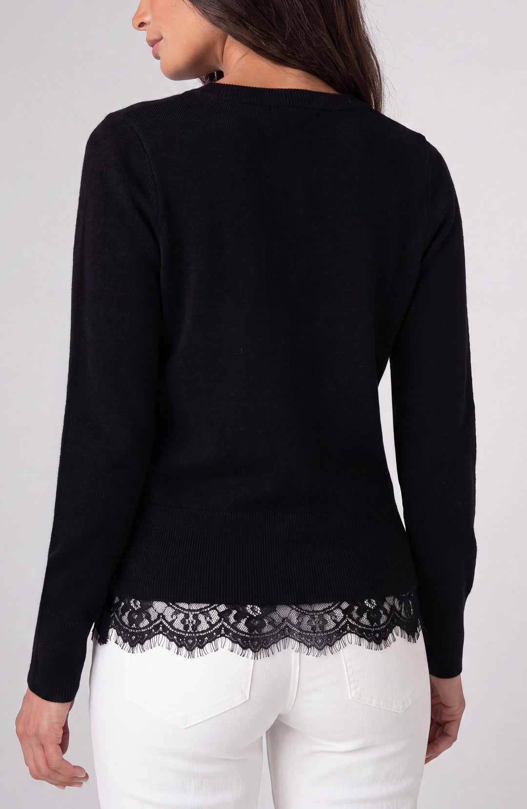 V-neck Long Sleeve Sweater W/ Lace in Black