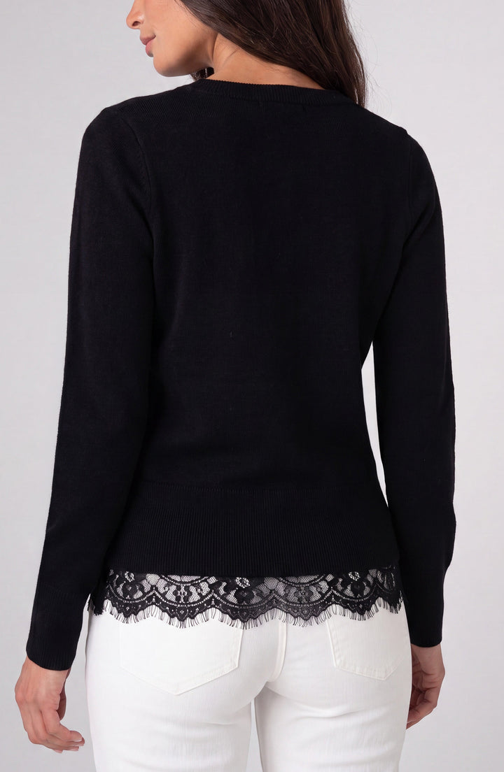 V-neck Long Sleeve Sweater W/ Lace in Black
