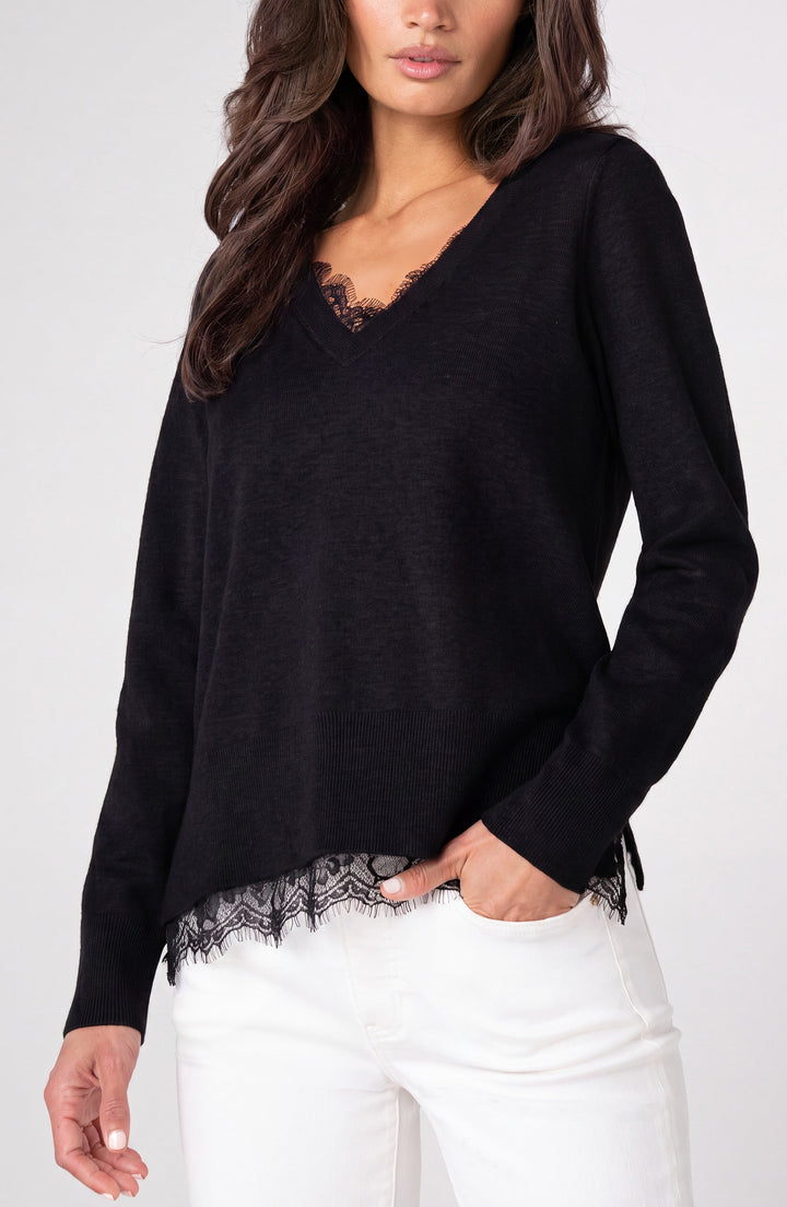 V-neck Long Sleeve Sweater W/ Lace in Black