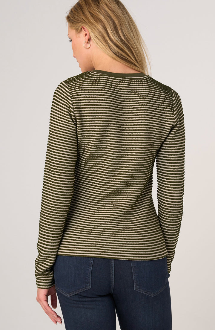 Long Sleeve Knit Henley Top W/ Sweater Trim in Olive Cream Stripe