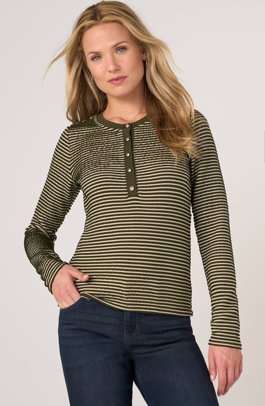 Long Sleeve Knit Henley Top W/ Sweater Trim in Olive Cream Stripe