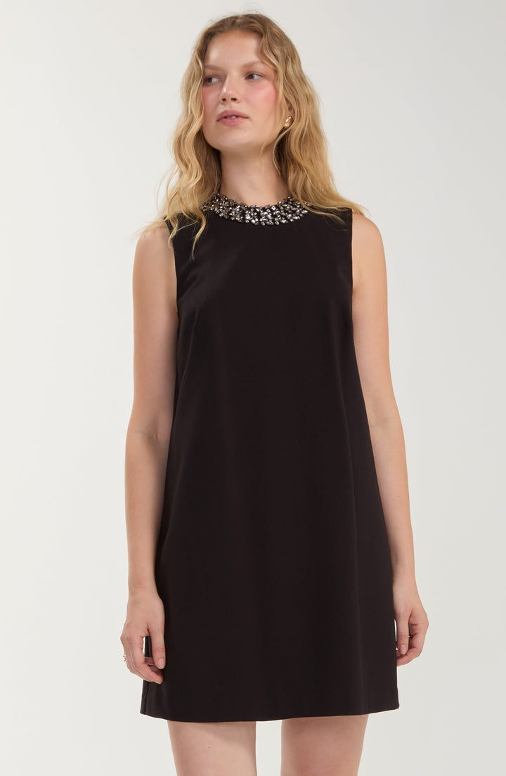 Sleeveless Dress W/ Embellished Collar in Black
