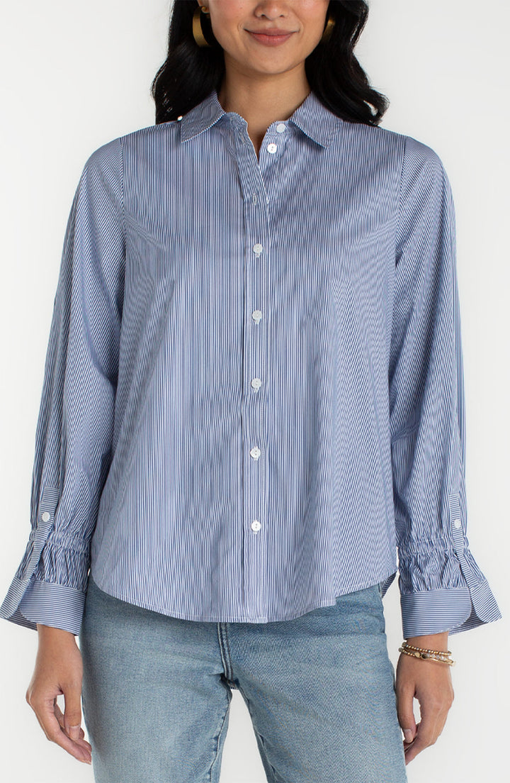 Adjustable Sleeve Button Front Woven Top in Blue & White Stripe