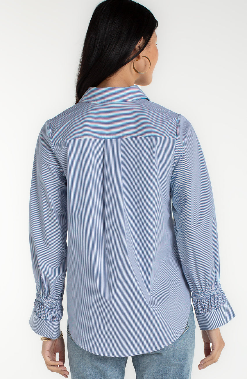 Adjustable Sleeve Button Front Woven Top in Blue & White Stripe