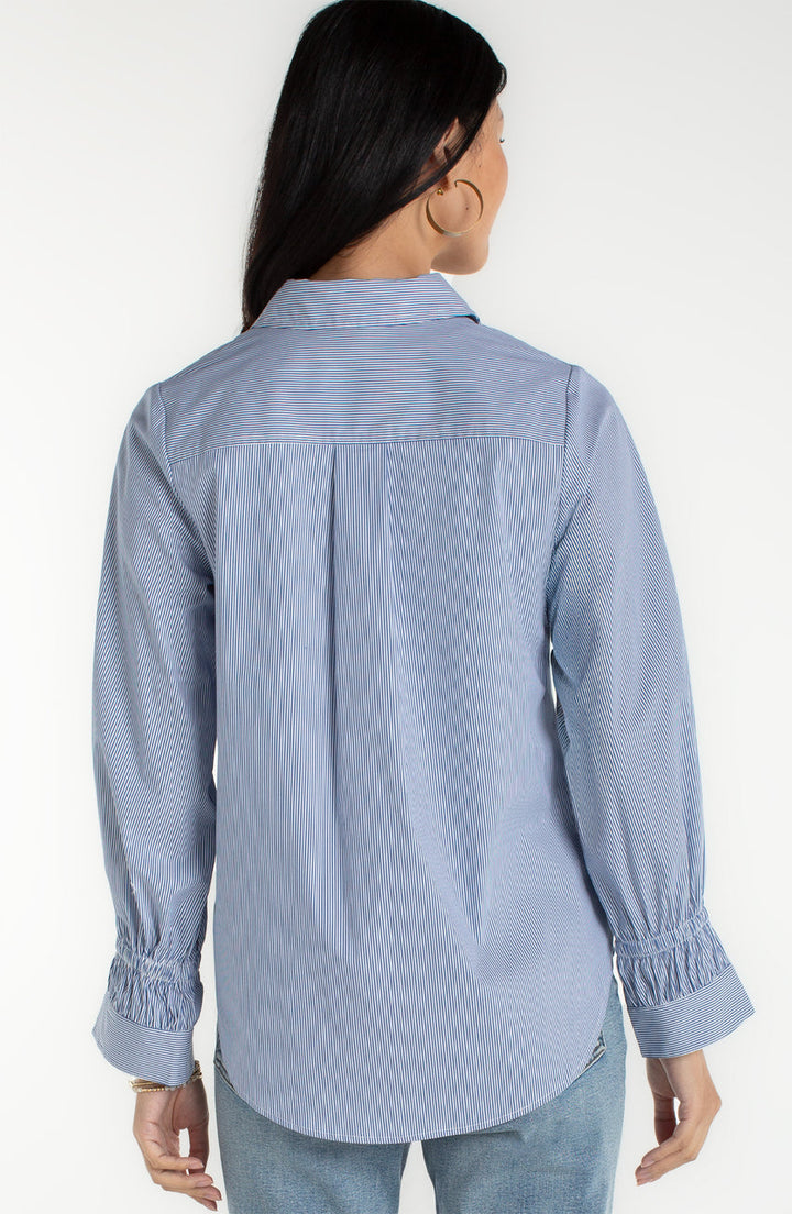 Adjustable Sleeve Button Front Woven Top in Blue & White Stripe