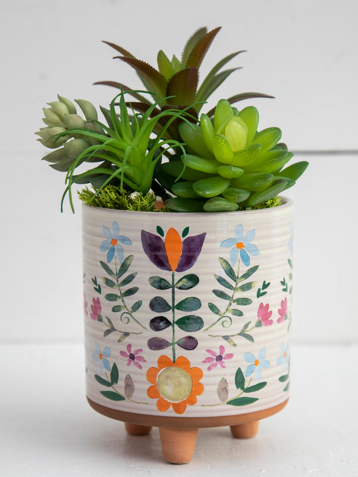Medium Artisan Terracotta Indoor Planter - Folk Flower