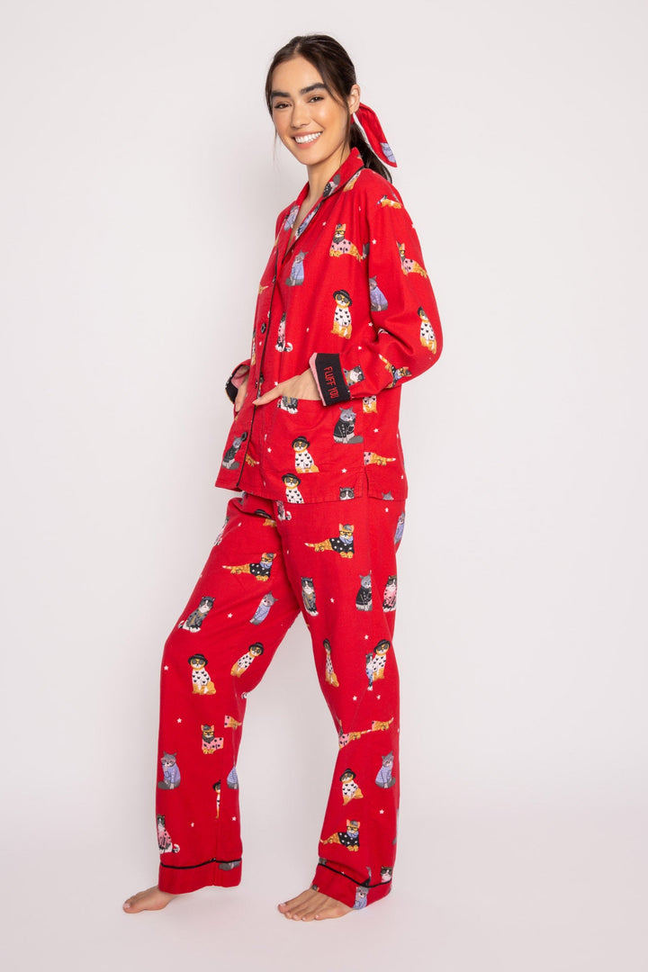 Flannel PJ Set - Sunglasses Cats in Red