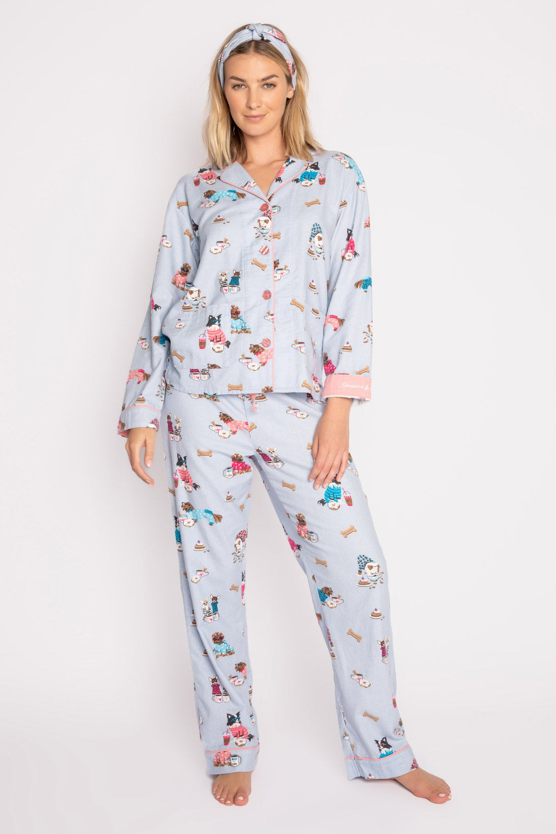 Flannel PJ Set - Coffee Dogs in Sky Blue