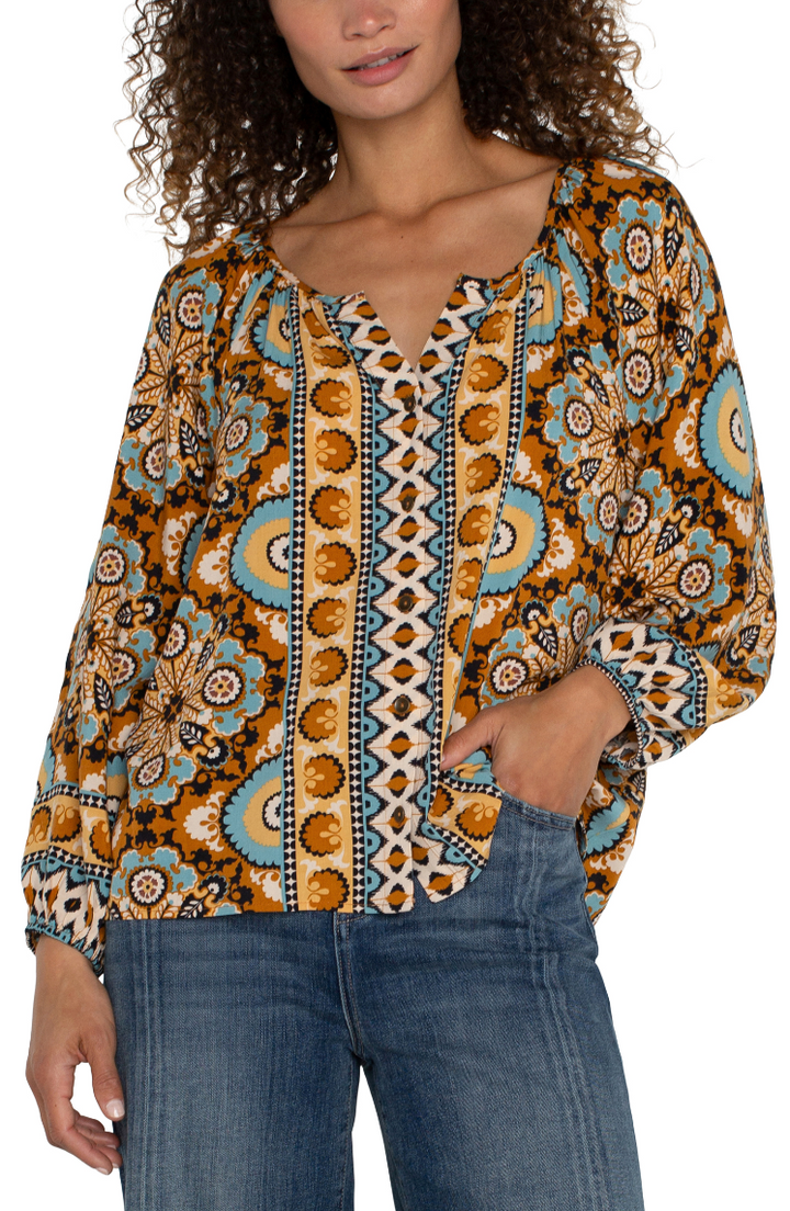 Long Sleeve Button Front Woven Blouse in Ocean Jasper