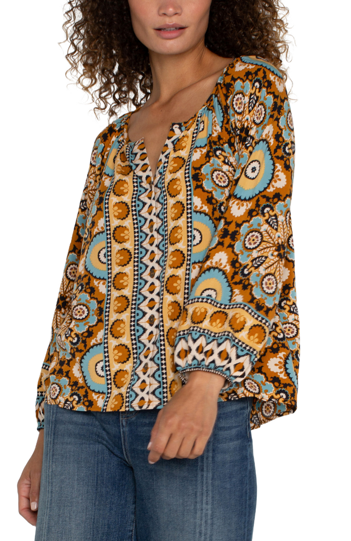 Long Sleeve Button Front Woven Blouse in Ocean Jasper