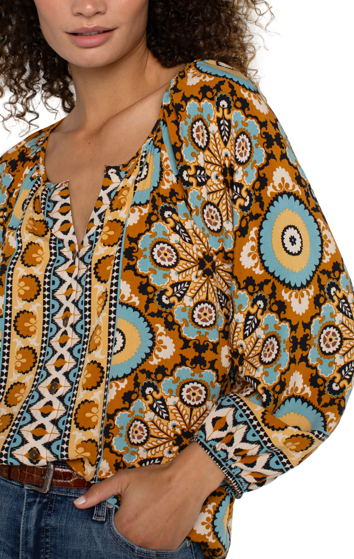 Long Sleeve Button Front Woven Blouse in Ocean Jasper