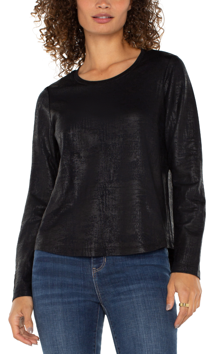 Long Sleeve Scoop Neck Top in Distressed Black