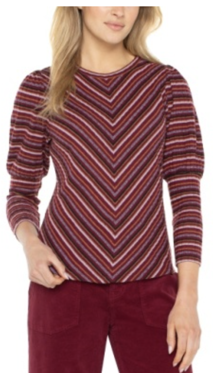 Juliette Sleeve Crew Neck Knit Top in Burgundy Multi Stripe