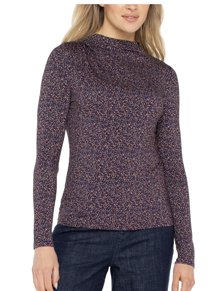 Long Sleeve Mock Neck Knit Top W/ Shirring in Wine Multi