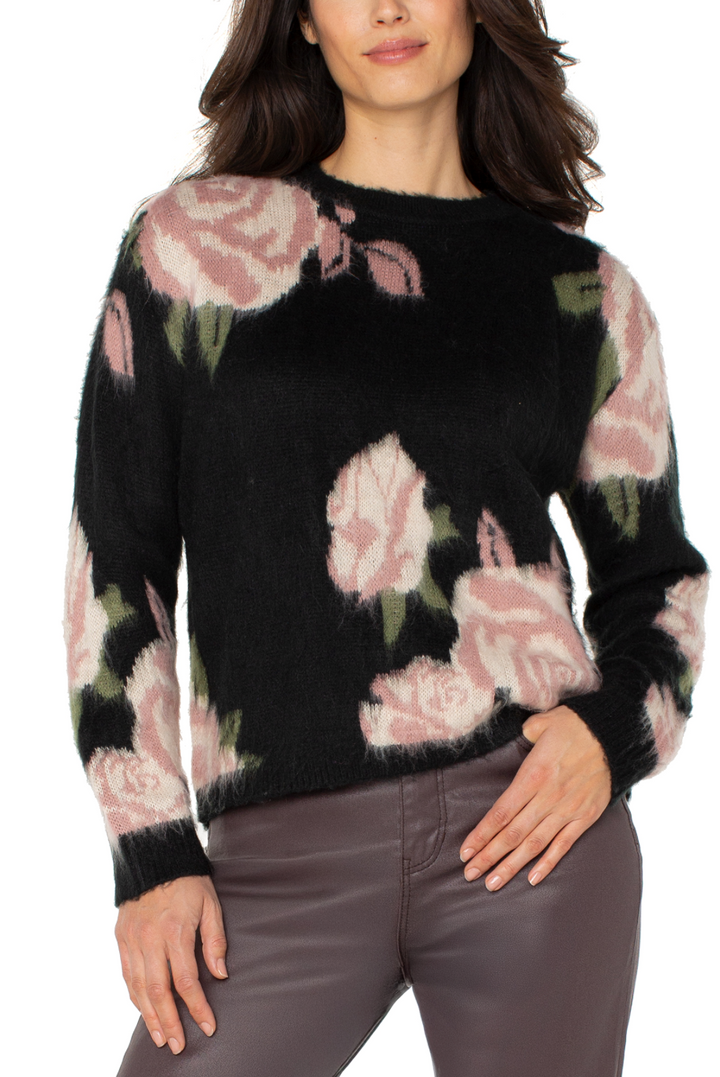 Drop Shoulder Floral Crew Neck in Black