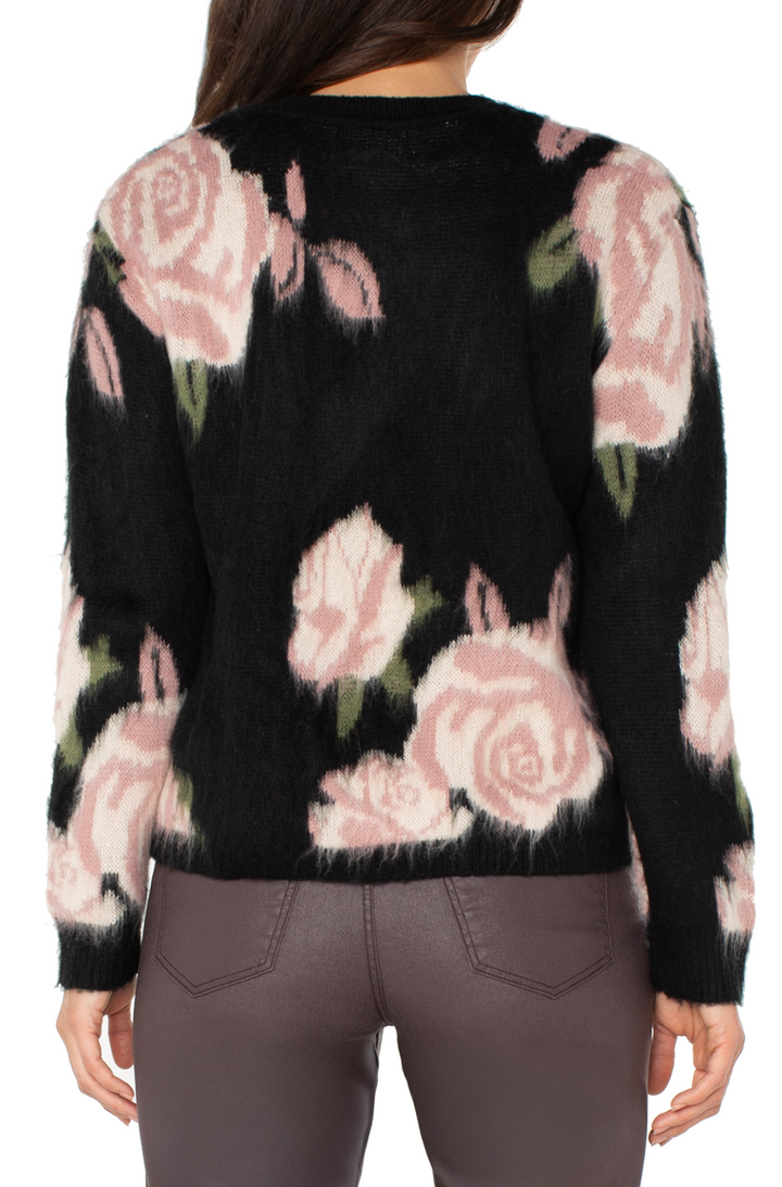 Drop Shoulder Floral Crew Neck in Black
