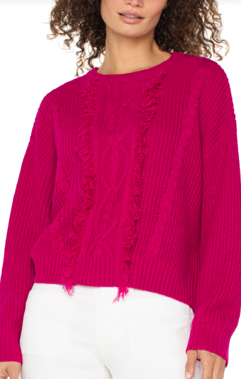 Long Sleeve Crew Neck Sweater With Fringe in Raspberry