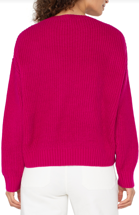 Long Sleeve Crew Neck Sweater With Fringe in Raspberry